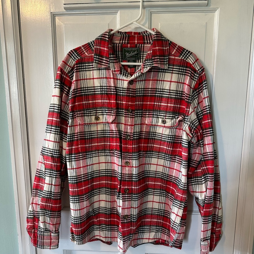 Woolrich Red White and Black Plaid Flannel, Men Medium